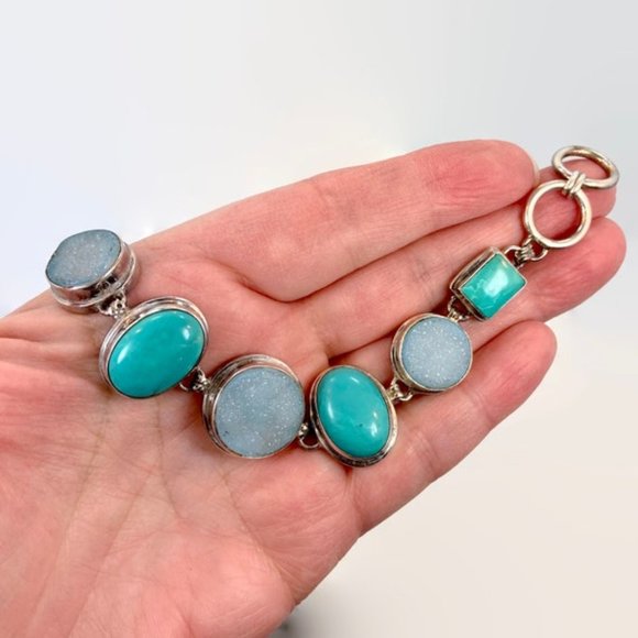 Turquoise Bracelet, Druzy,Sterling Silver, Drusy, Vintage Bracelet, Multi Stone - Picture 5 of 6
